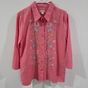 Vintage Christopher Banks Womens Button Up Linen Top Large Pink Floral Cottage